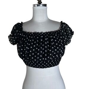 Love Culture Black White Polka Dot Crop Top Off Shoulder Peasant Blouse Medium